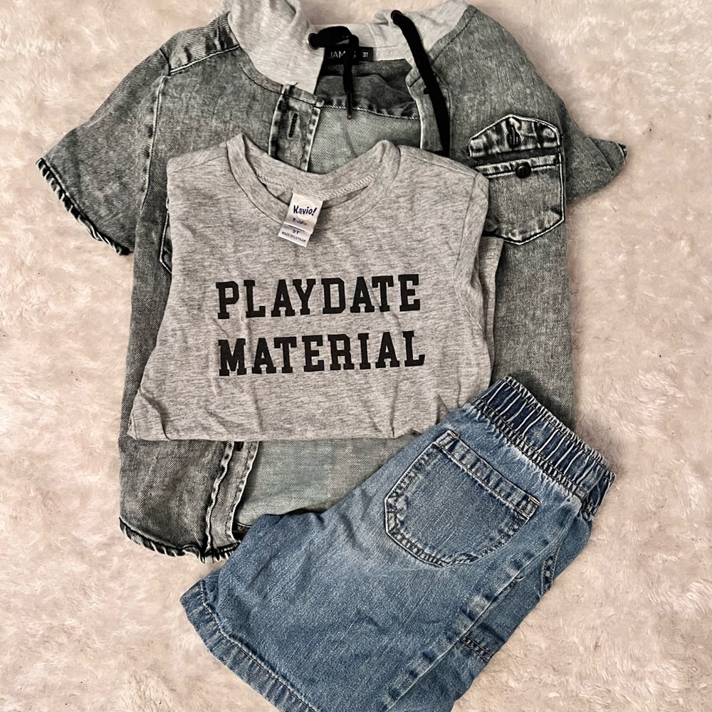 Bundle of shirt, jean pants, and jean jacket with hoodie